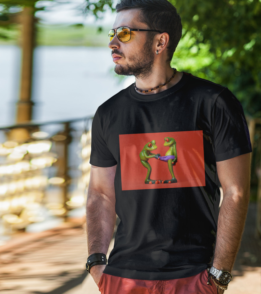 Quite Frog Green Figurines On Red Background With Purple Shorts T-Shirt