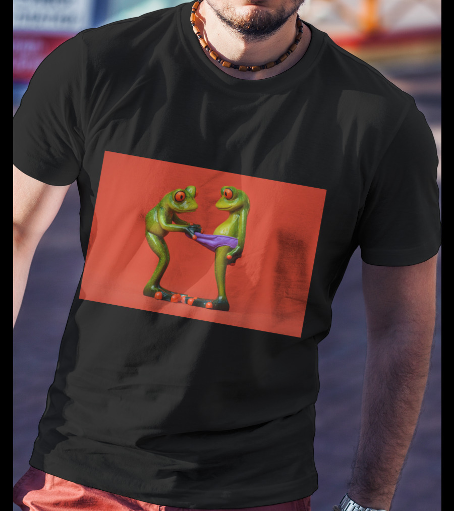 Quite Frog Green Figurines On Red Background With Purple Shorts T-Shirt