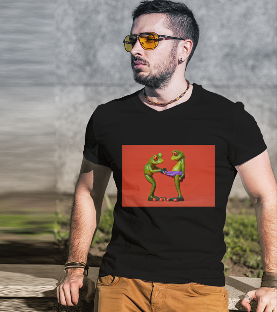 Quite Frog Green Figurines On Red Background With Purple Shorts T-Shirt
