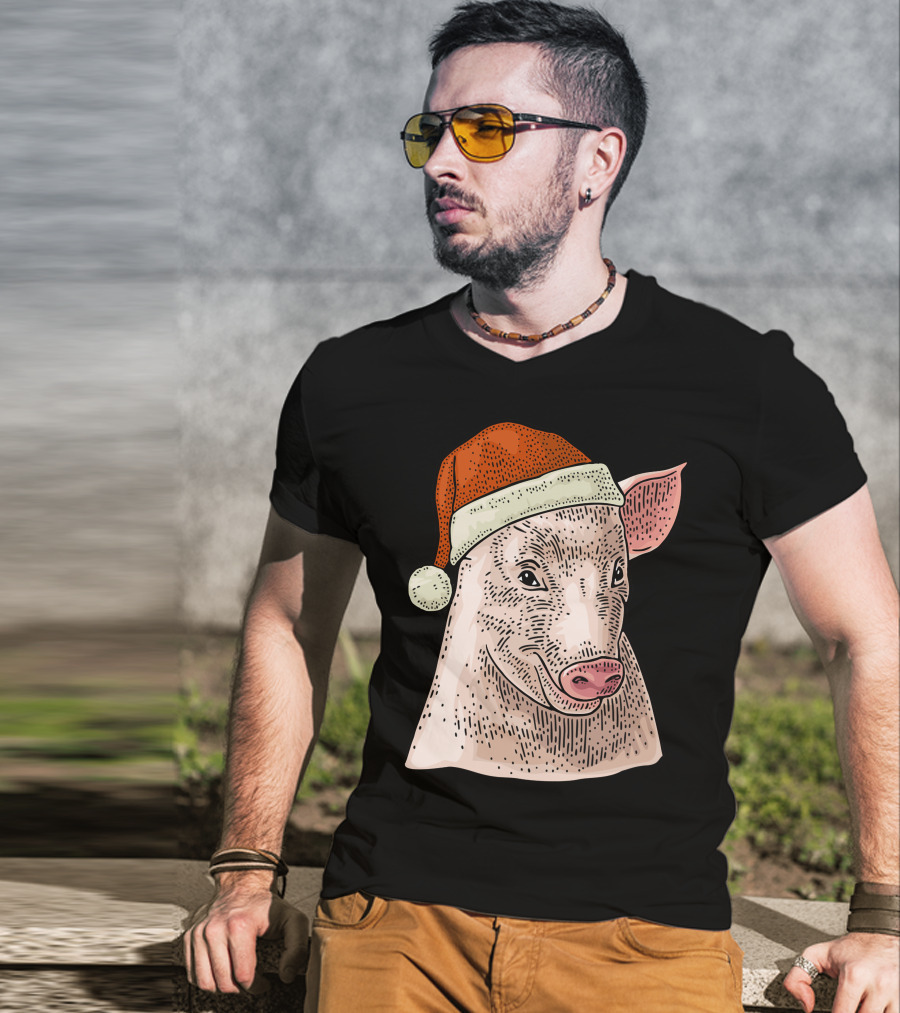 Pig In Santa Claus Cap Christmas T-Shirt