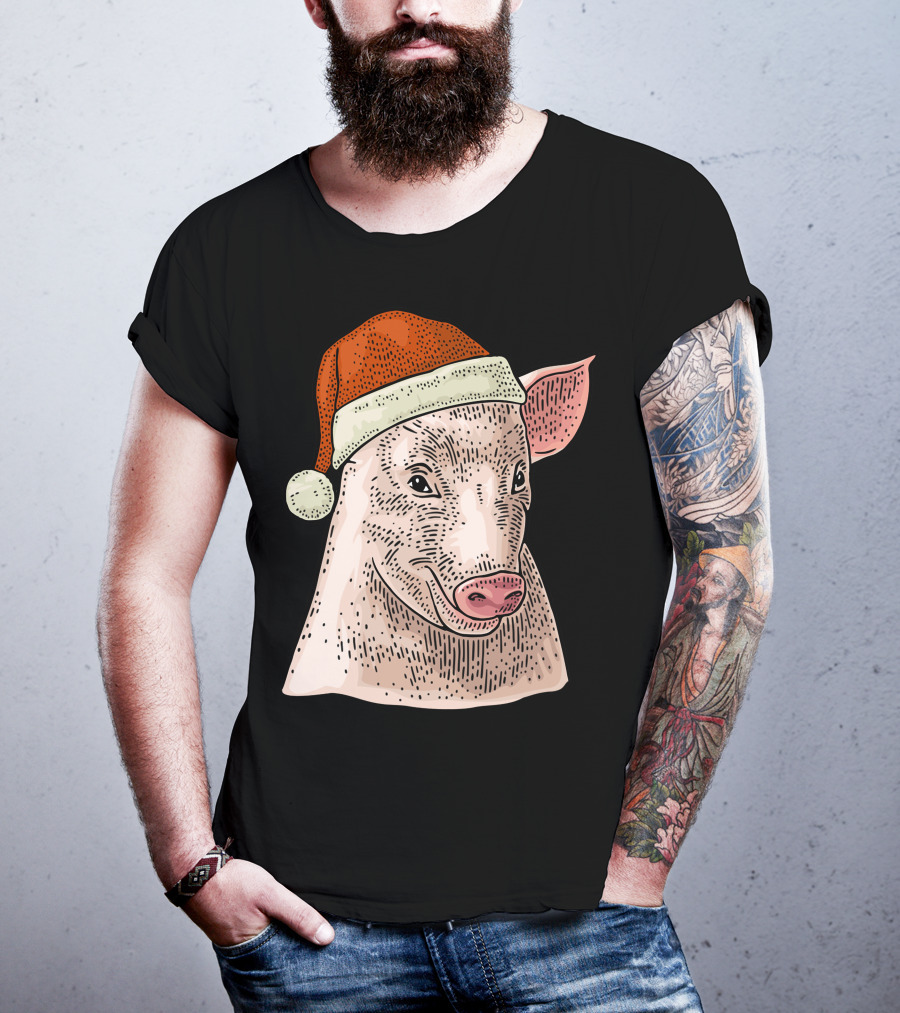 Pig In Santa Claus Cap Christmas T-Shirt