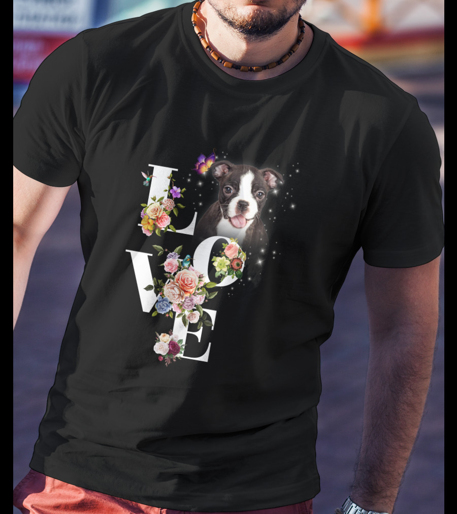 LOVE Boston Terrier Floral Butterfly T-Shirt