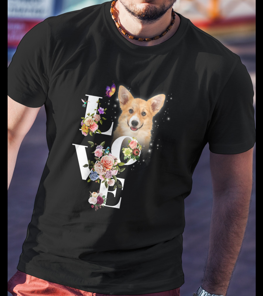 Love Corgi Floral Butterflies Sparkle T-Shirt