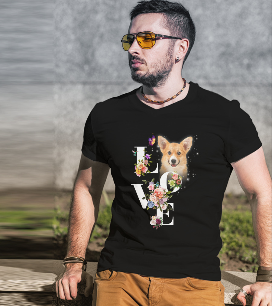 Love Corgi Floral Butterflies Sparkle T-Shirt
