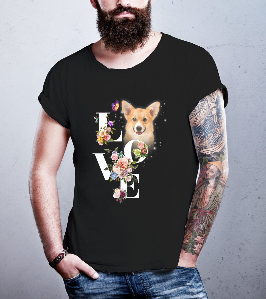 Love Corgi Floral Butterflies Sparkle T-Shirt