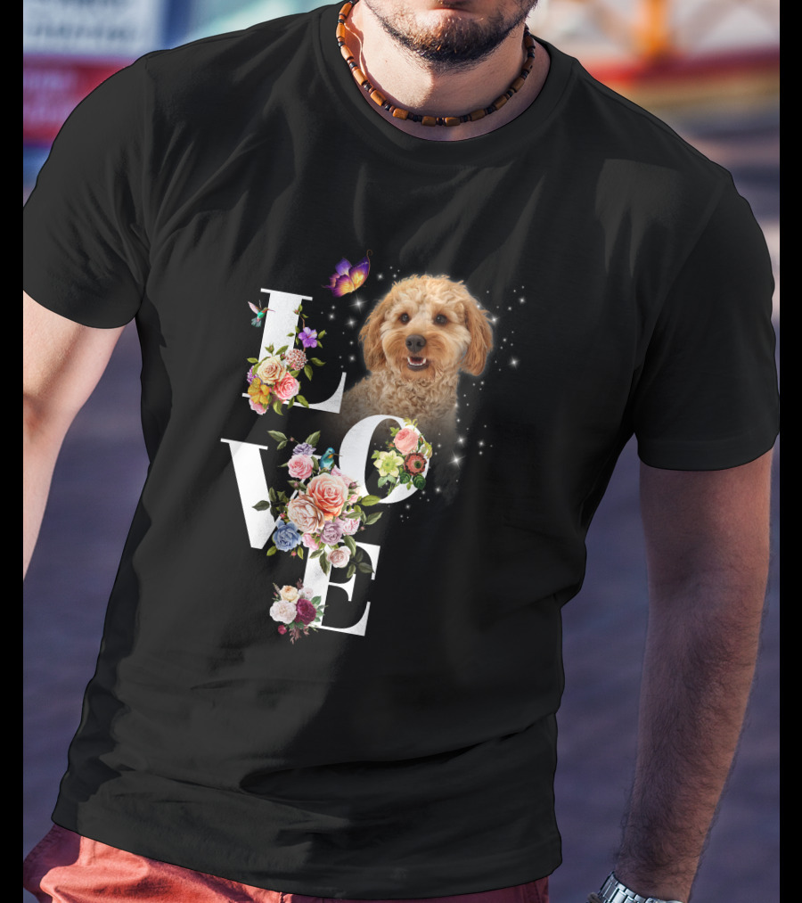 LOVE Goldendoodle Floral Butterfly Sparkle T-Shirt