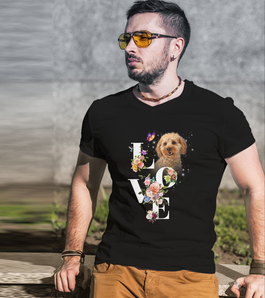 LOVE Goldendoodle Floral Butterfly Sparkle T-Shirt