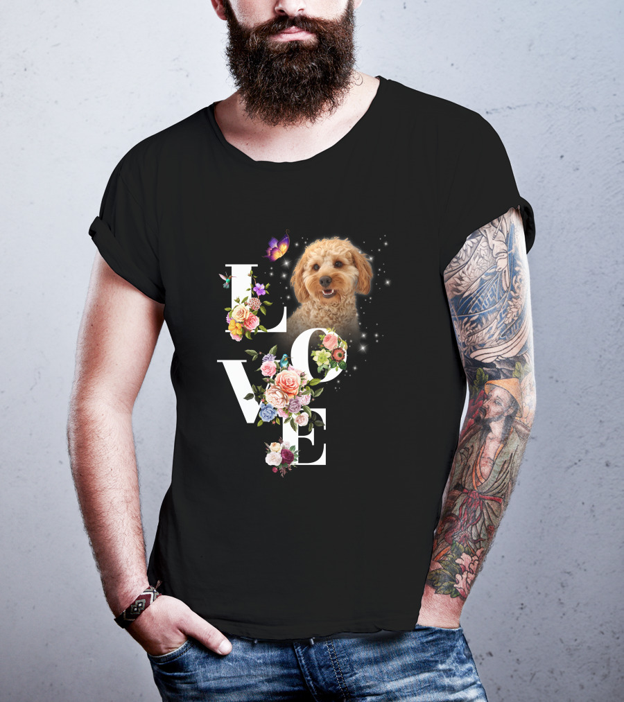 LOVE Goldendoodle Floral Butterfly Sparkle T-Shirt