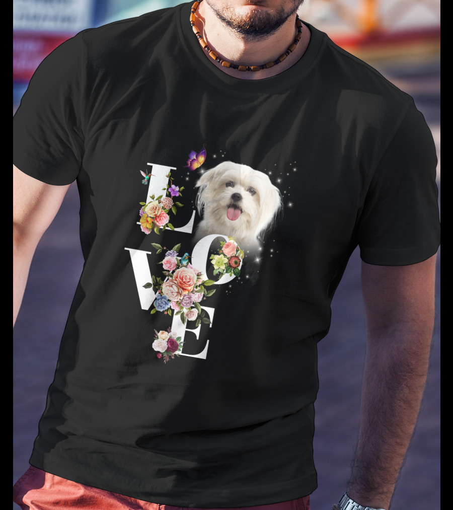 LOVE Maltese Dog Floral Butterfly T-Shirt