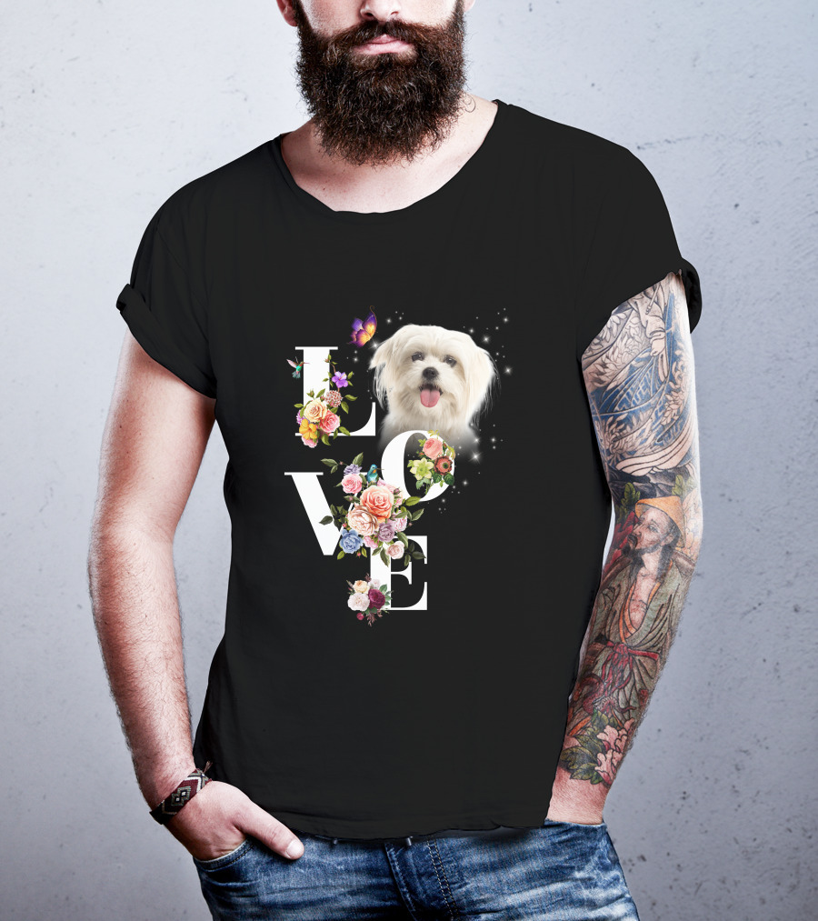 LOVE Maltese Dog Floral Butterfly T-Shirt