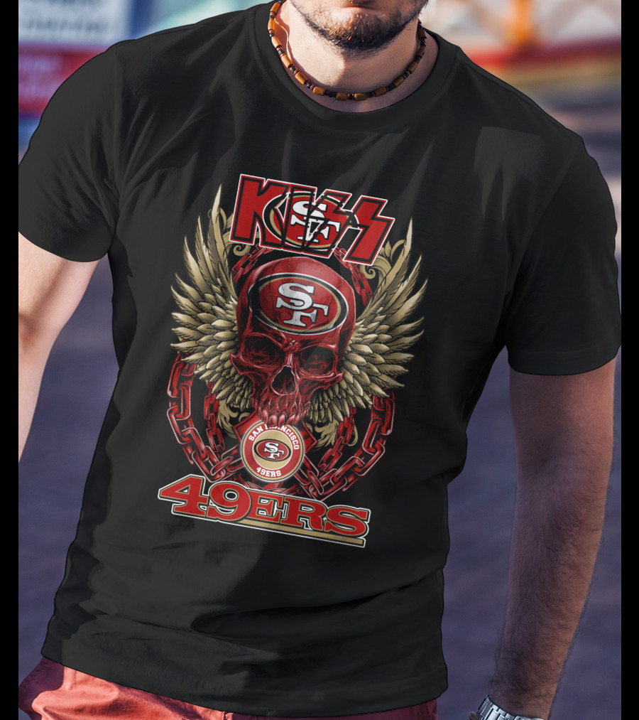 Kiss Nfl San Francisco 49ers Skull With Wings And Chains Football Theme T-Shirt
