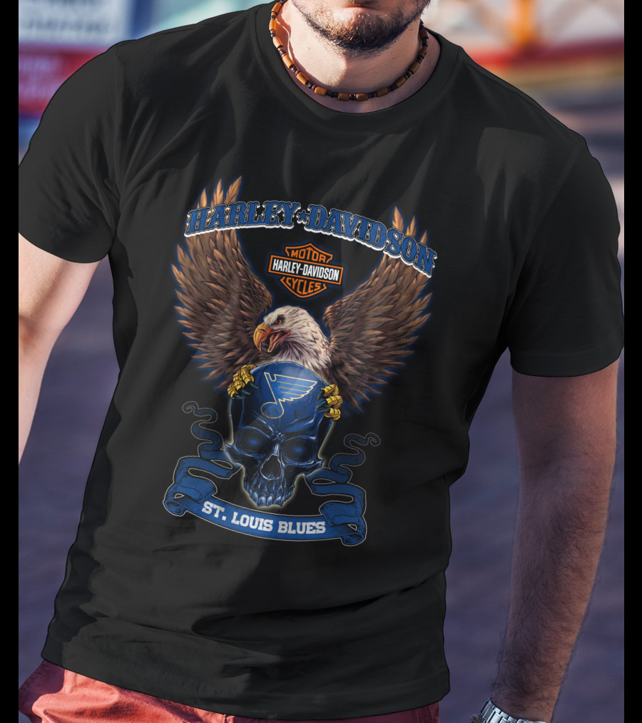 Harley Davidson Motor Cycles St Louis Blues Eagle Skull T-Shirt