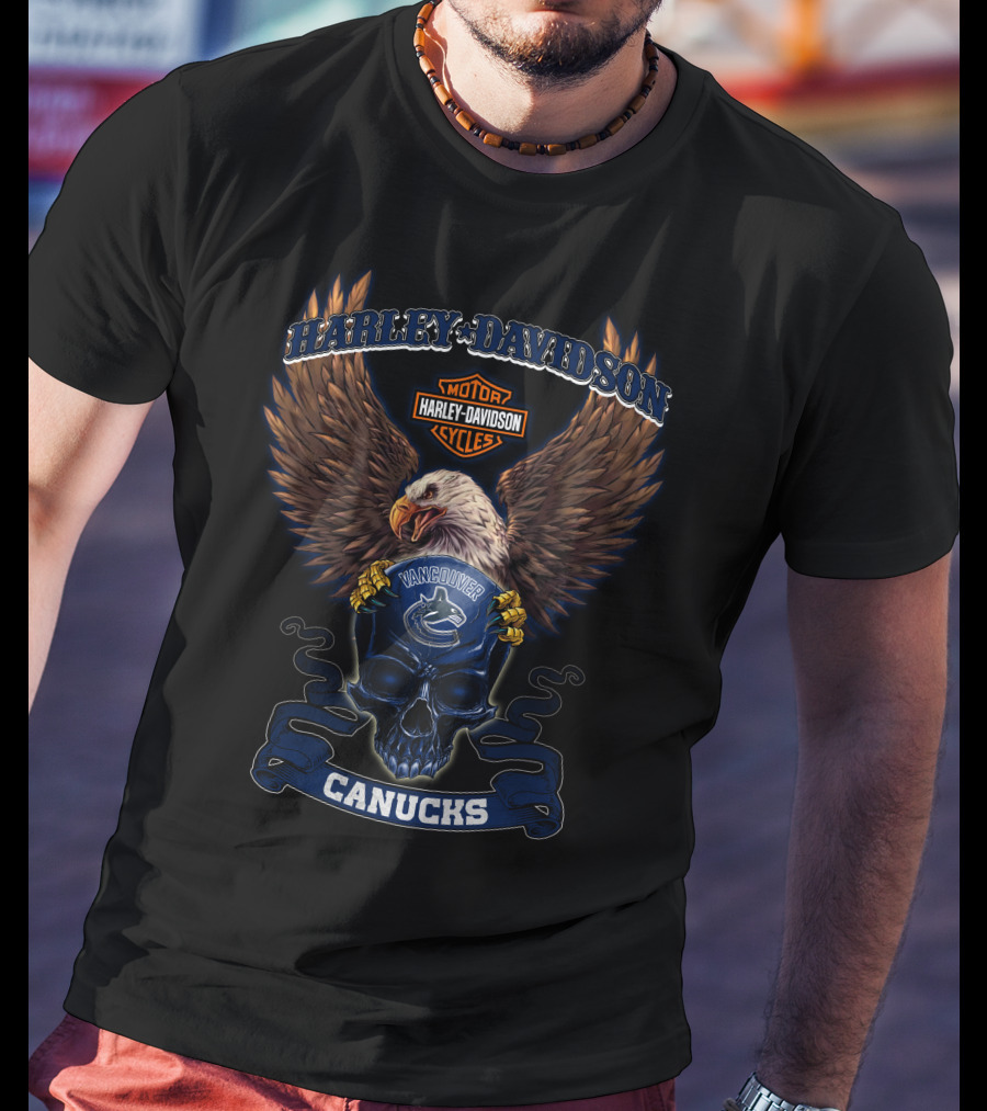 Harley Davidson Motor Cycles Vancouver Canucks Eagle Skull T-Shirt