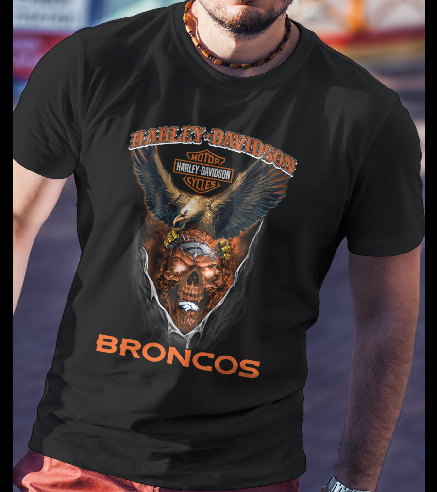 Harley Davidson Motor Cycles Eagle Skull Broncos T-Shirt
