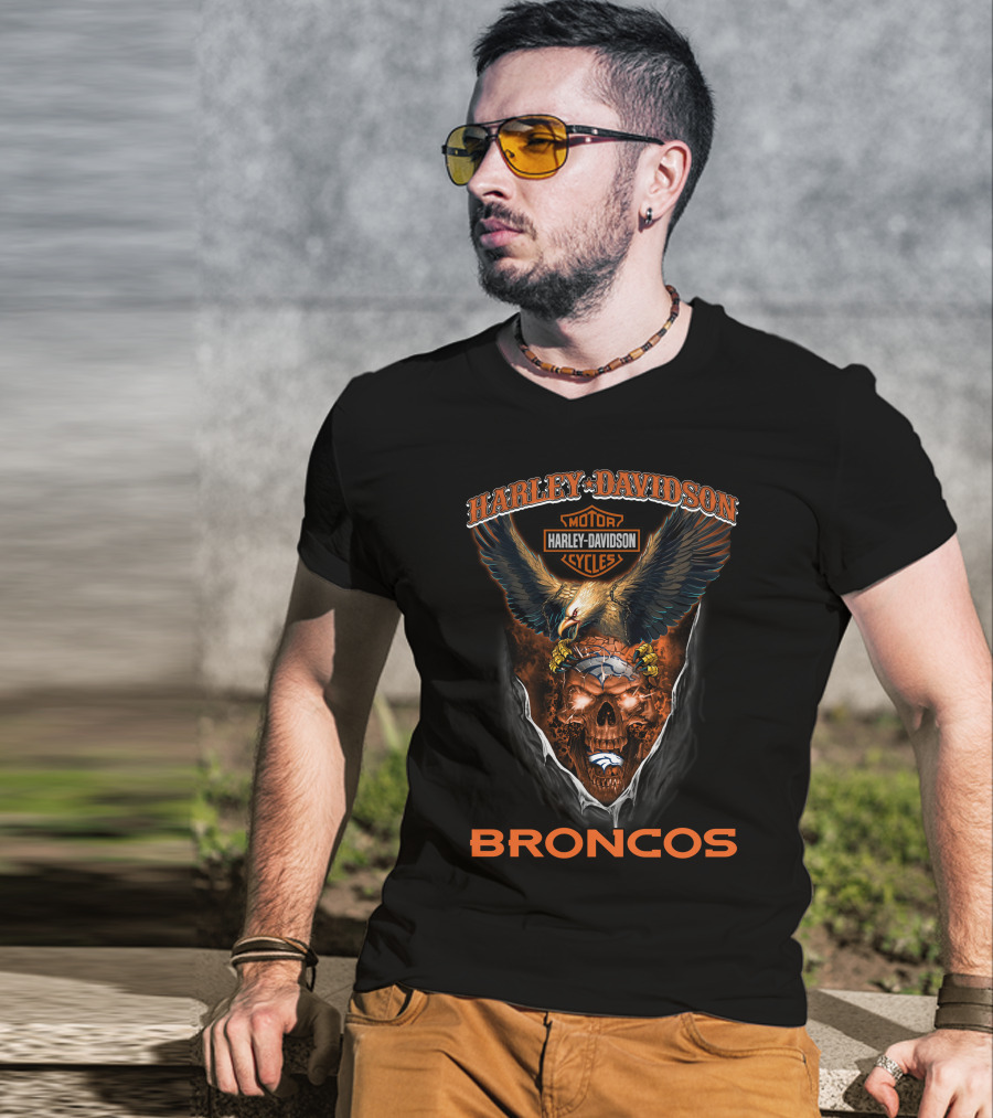 Harley Davidson Motor Cycles Eagle Skull Broncos T-Shirt