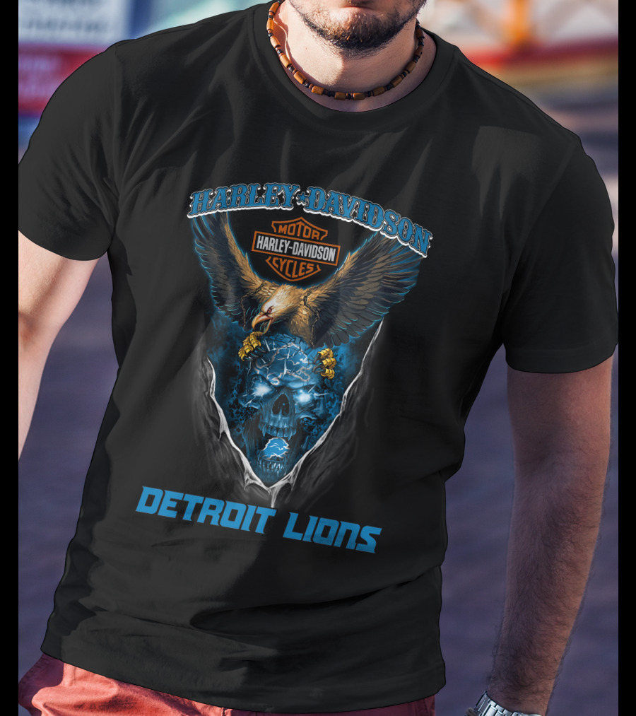 Harley Davidson Motor Cycles Detroit Lions Eagle Skull T-Shirt