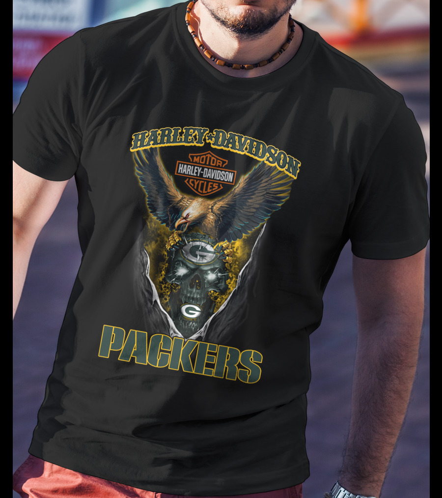 Harley Davidson Motorcycles Green Bay Packers Eagle And Skull T-Shirt