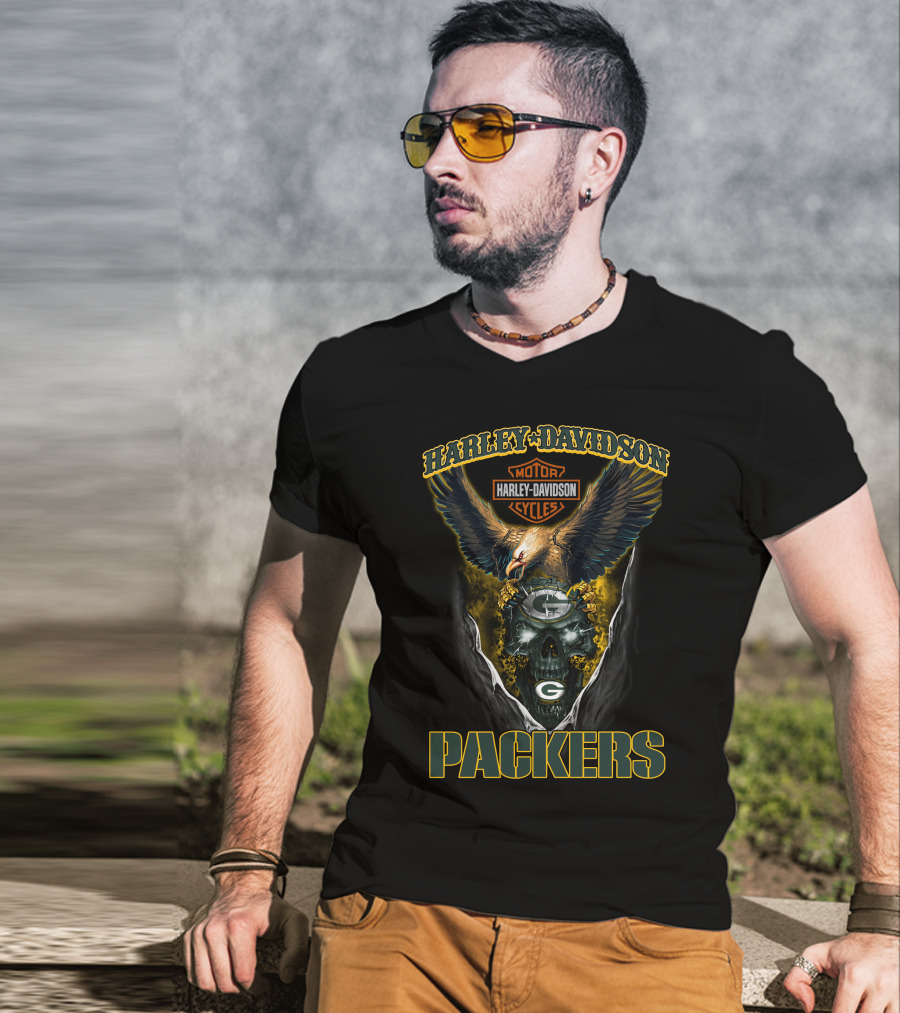 Harley Davidson Motorcycles Green Bay Packers Eagle And Skull T-Shirt