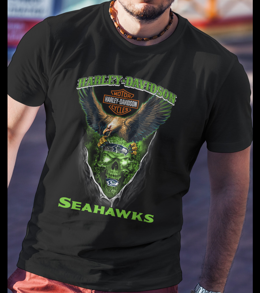 Harley Davidson Motor Cycles Seattle Seahawks Eagle Skull T-Shirt