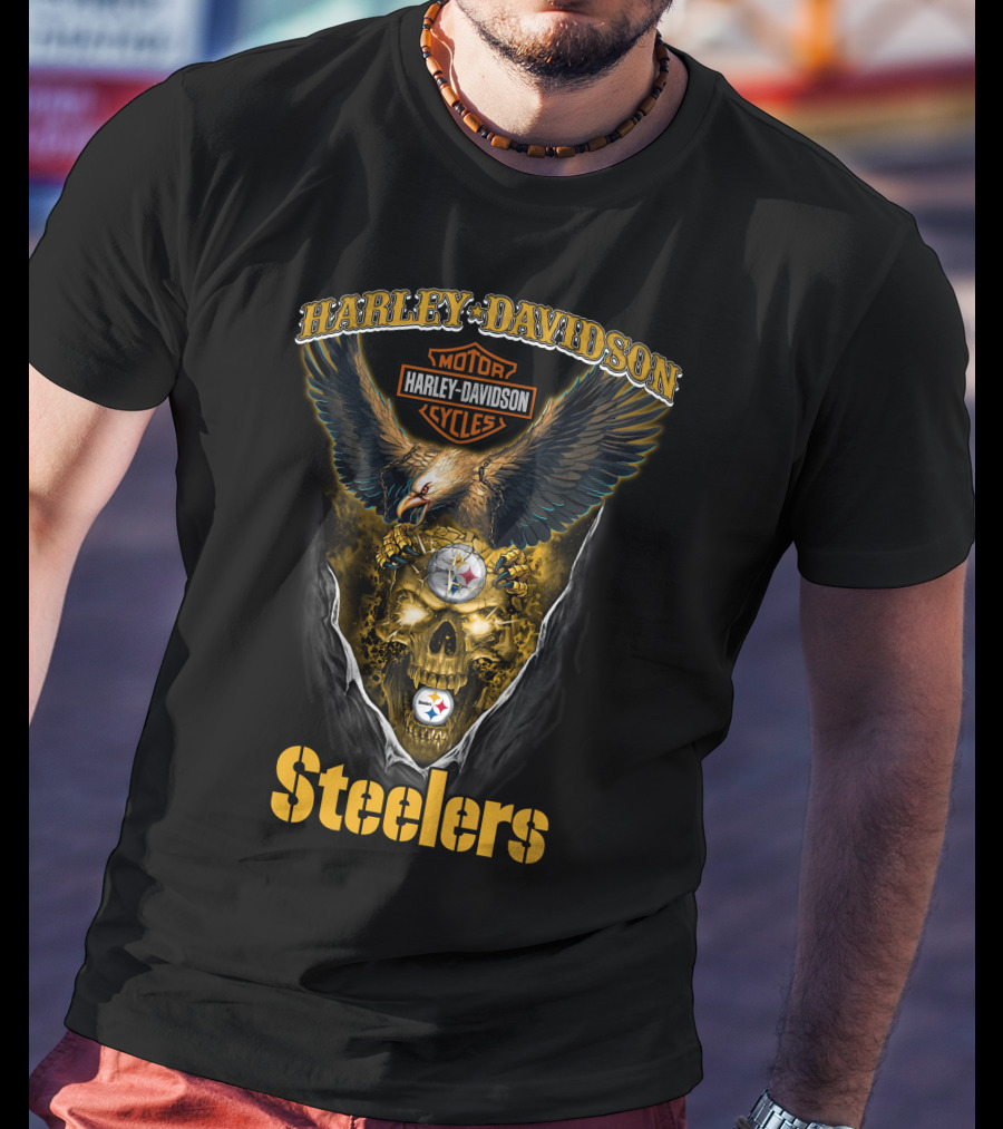Harley Davidson Motor Cycles Pittsburgh Steelers Eagle Skull Nfl T-Shirt