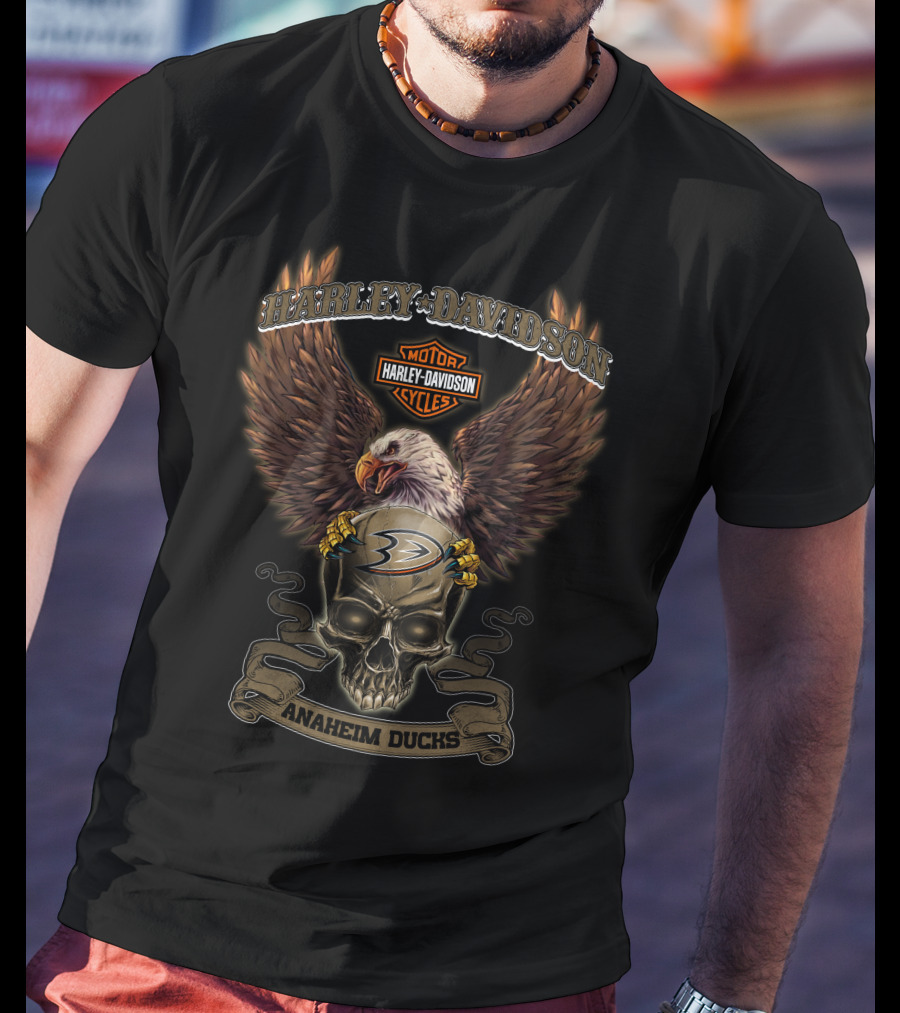 Harley Davidson Motor Cycles Anaheim Ducks Eagle Skull T-Shirt