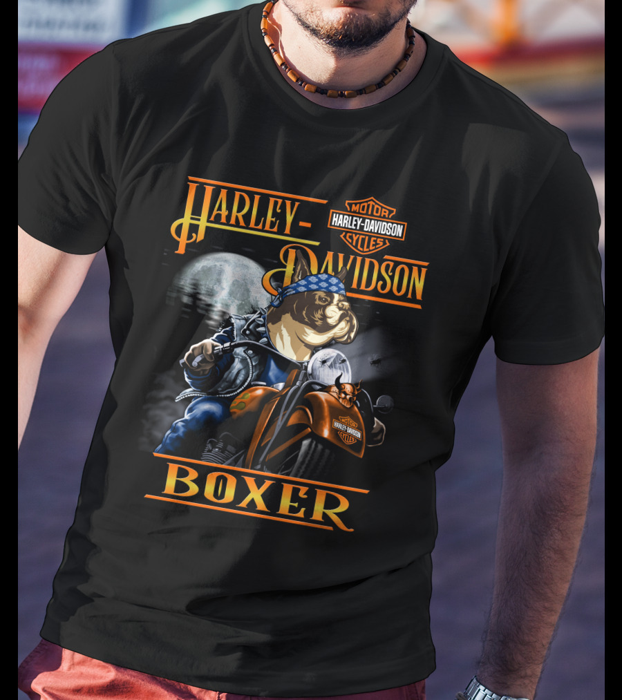 Harley Davidson Motorcycles Boxer Dog Riding Motorcycle Moon Scene T-Shirt