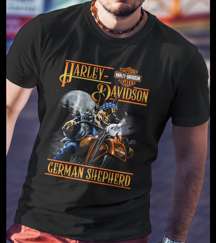 Harley Davidson Motor Cycles German Shepherd Riding Motorcycle Full Moon T-Shirt