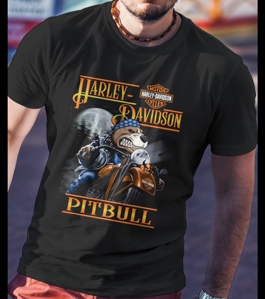 Harley Davidson Pitbull Motorcycle Rider Under Moonlight T-Shirt