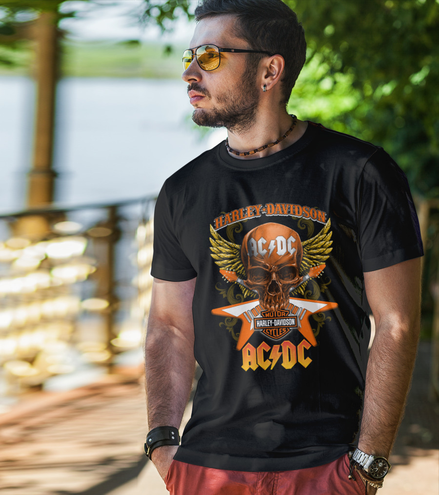 Harley Davidson Ac/Dc Motor Cycles Skull Wings T-Shirt