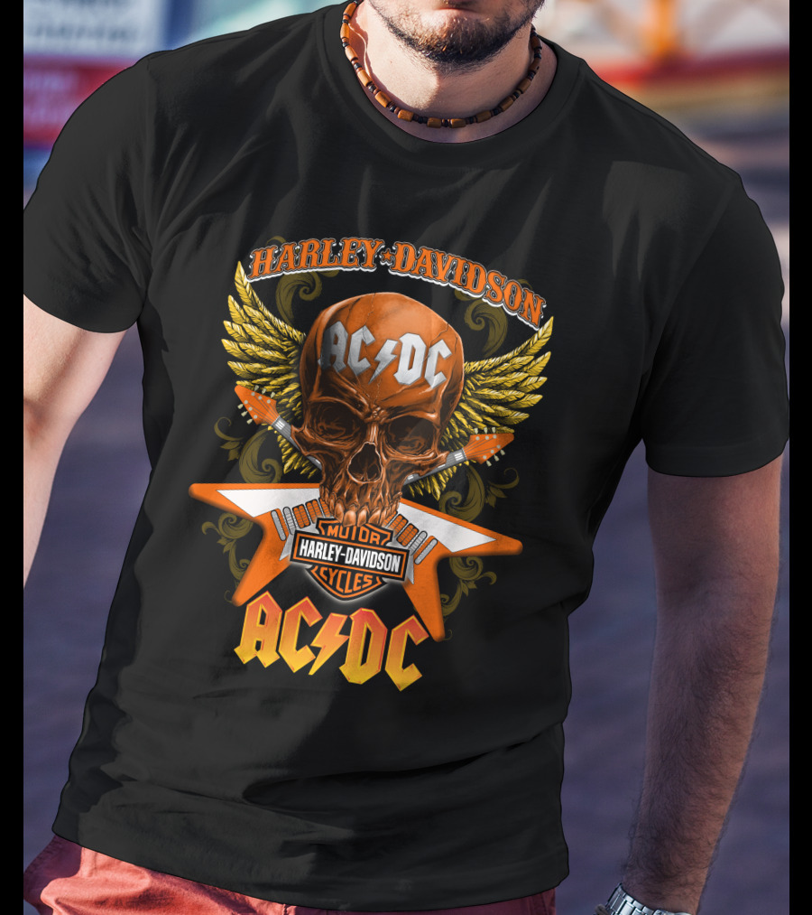 Harley Davidson Ac/Dc Motor Cycles Skull Wings T-Shirt
