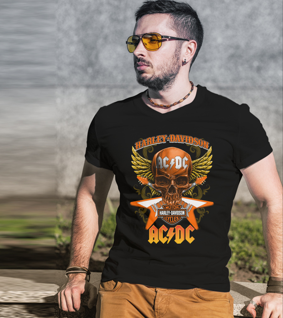 Harley Davidson Ac/Dc Motor Cycles Skull Wings T-Shirt