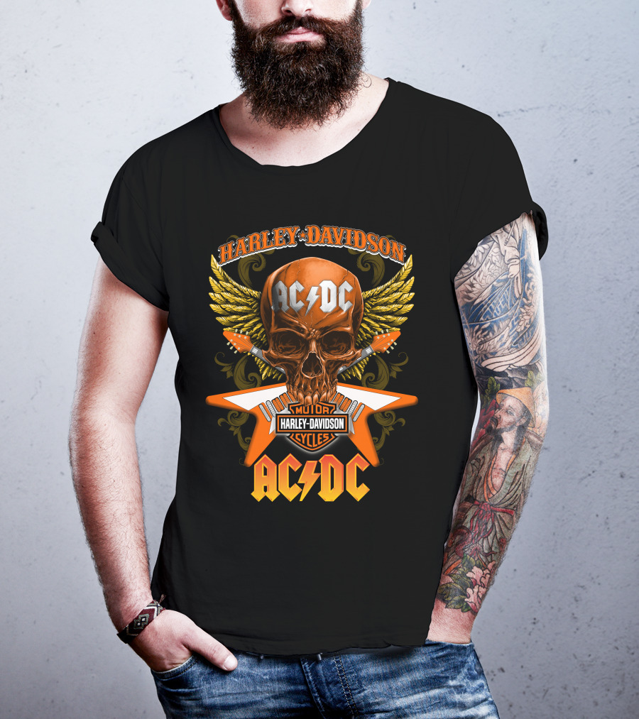 Harley Davidson Ac/Dc Motor Cycles Skull Wings T-Shirt