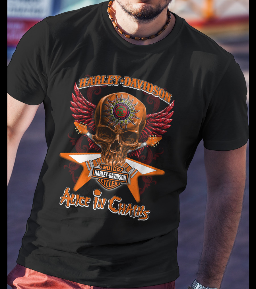 Harley Davidson Motor Cycles Skull Wings Alice In Chains T-Shirt