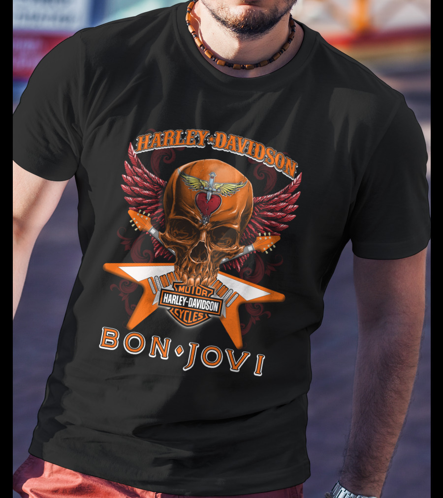 Harley Davidson Bon Jovi Skull Wings Guitar Cycles T-Shirt