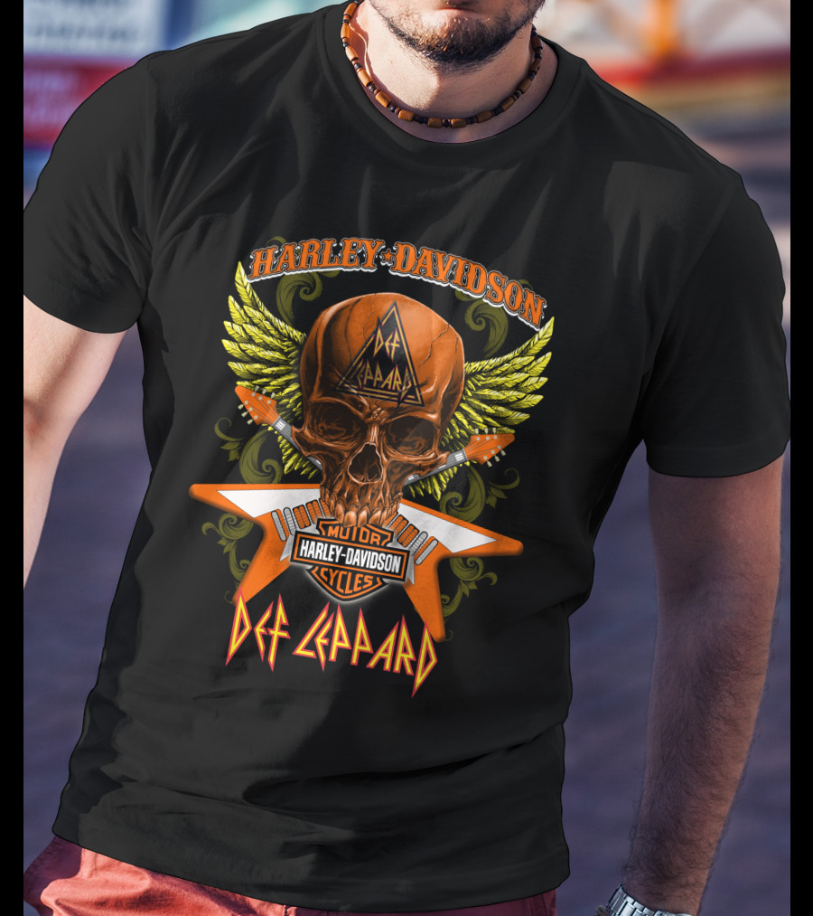 Harley Davidson Motorcycles Def Leppard Skull Wings Guitar T-Shirt
