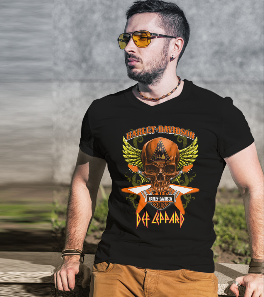 Harley Davidson Motorcycles Def Leppard Skull Wings Guitar T-Shirt