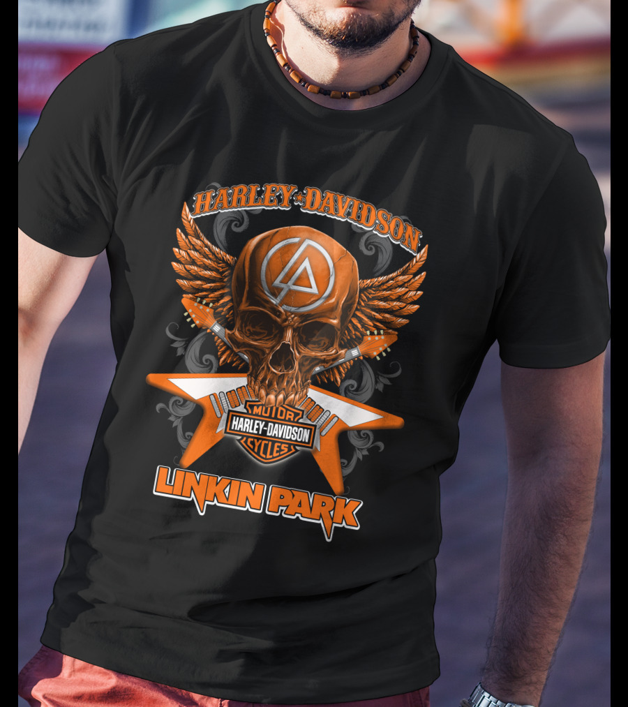 Linkin Park Harley Davidson Motor Cycles Skull Winged T-Shirt