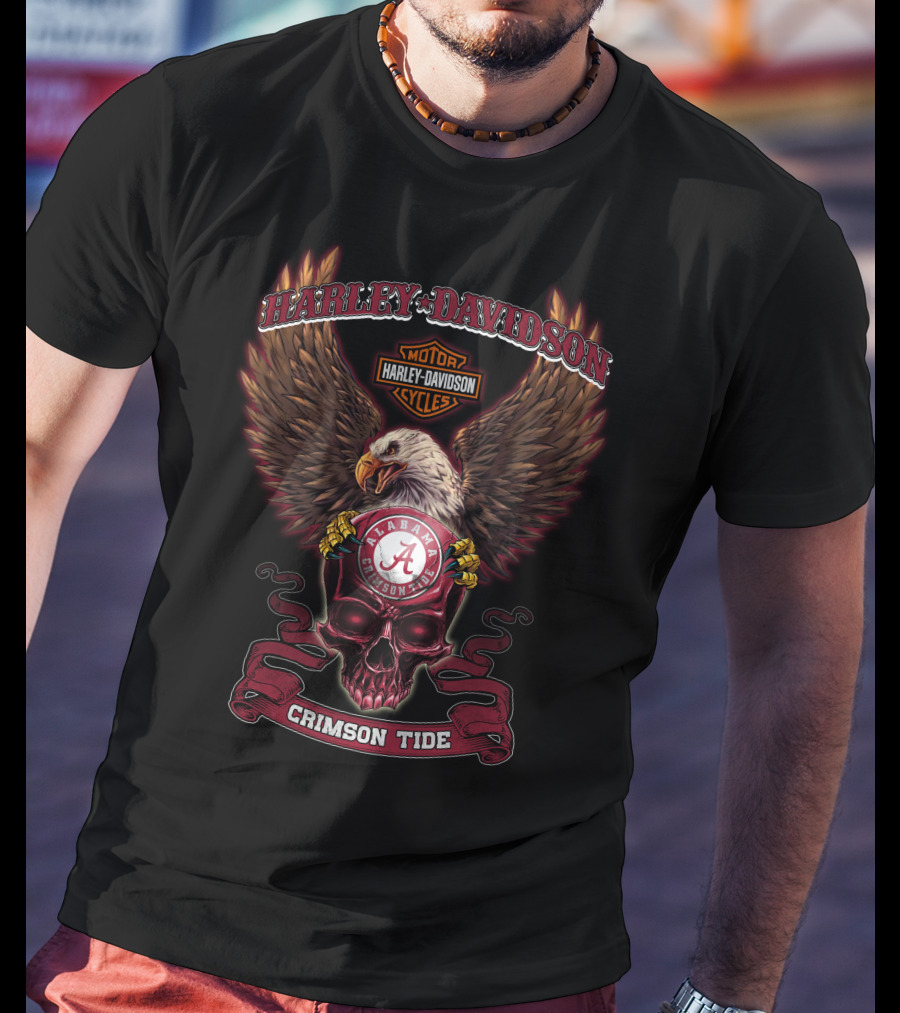 Harley Davidson Alabama Crimson Tide Ncaa Bald Eagle Skull T-Shirt