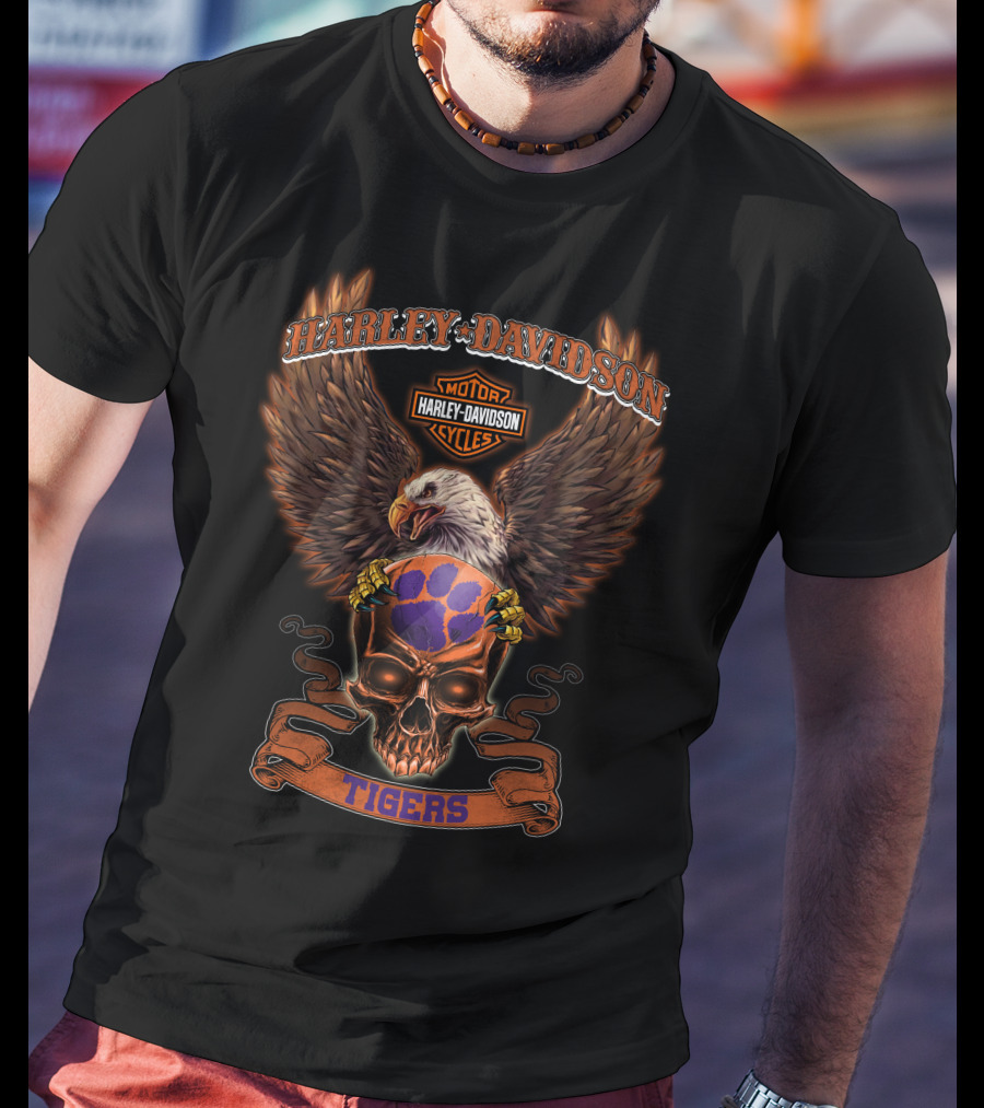 Harley Davidson Motor Cycles Eagle Skull Clemson Tigers T-Shirt