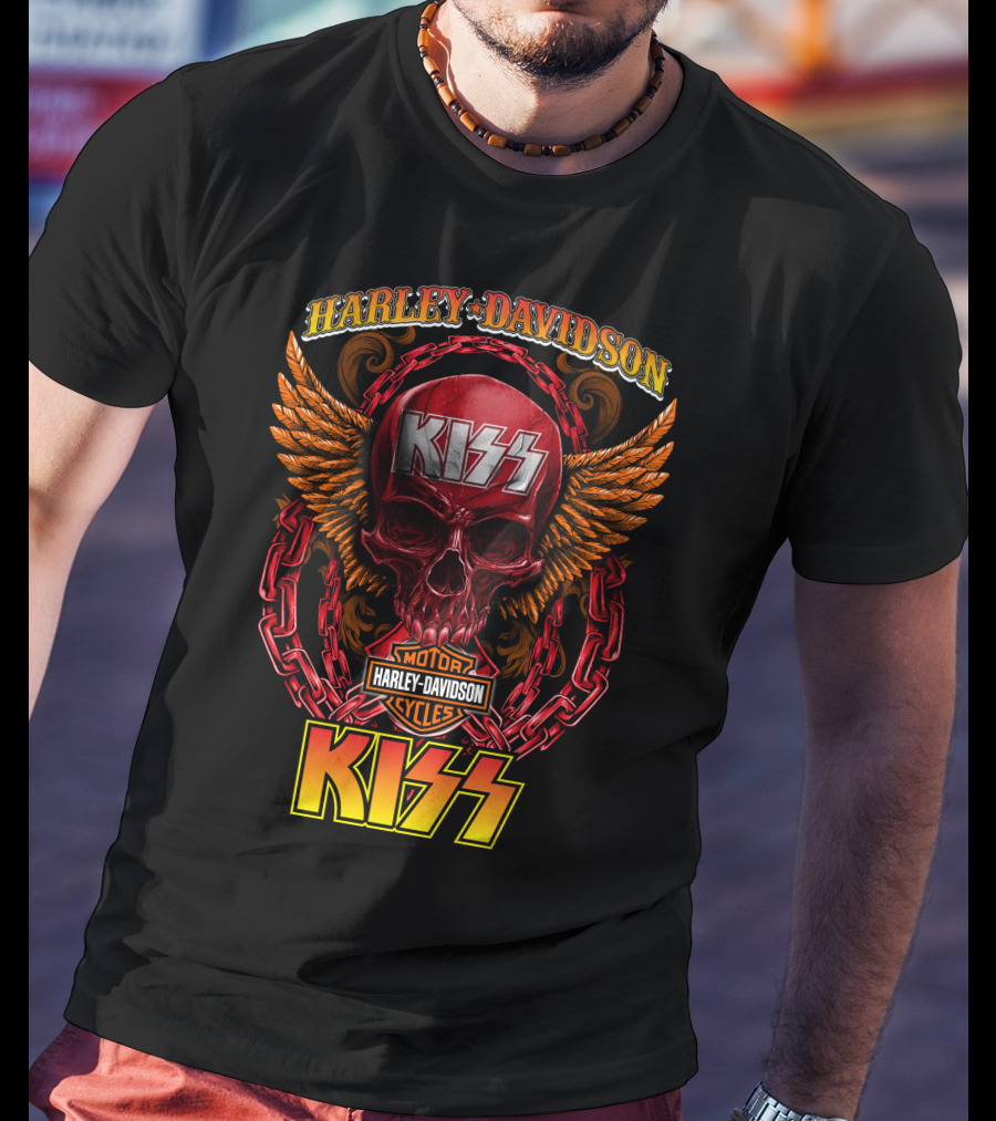 Harley Davidson Motorcycles Kiss Skull Wings Chains T-Shirt