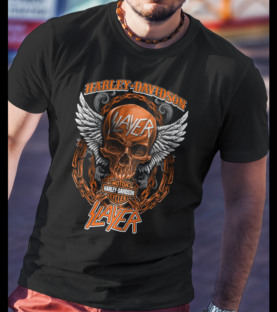 Harley Davidson Slayer Motor Cycles Skull Wings Chains T-Shirt