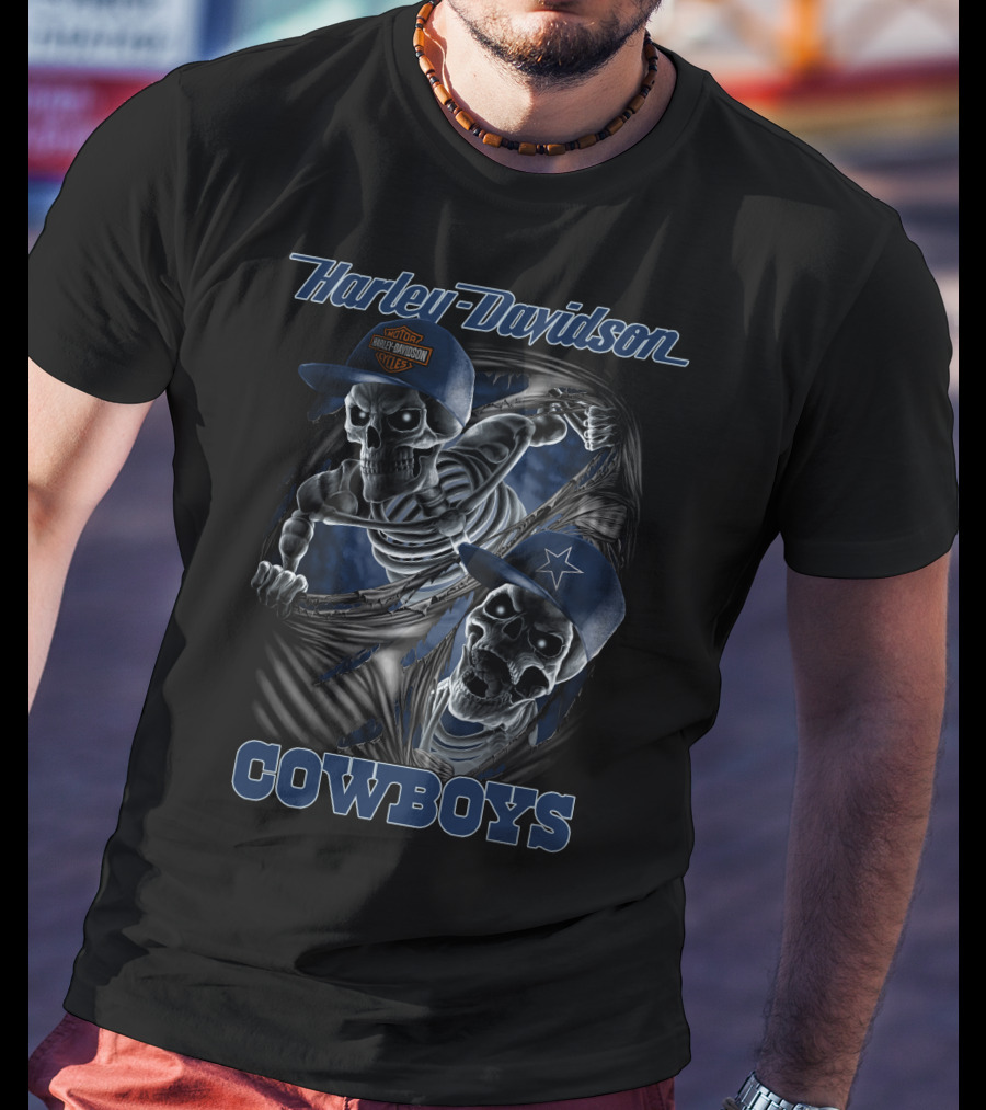 Harley Davidson Cowboys Skeletons In Caps T-Shirt