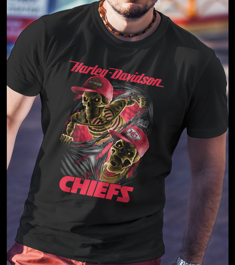 Harley Davidson Chiefs Kansas City Skeletons In Red Caps T-Shirt