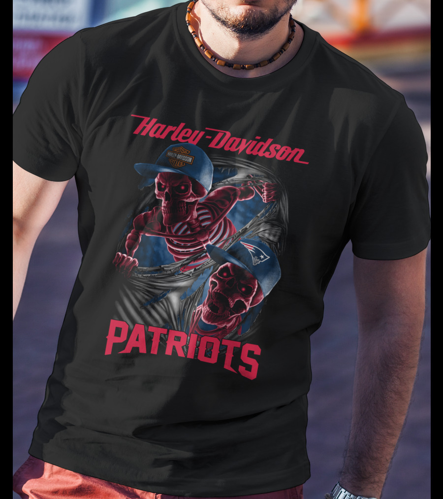 Harley Davidson New England Patriots Skeletons In Baseball Caps T-Shirt
