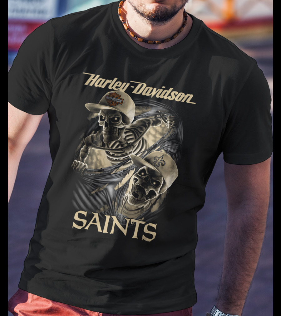 Harley Davidson New Orleans Saints Skeletons Nfl Style T-Shirt