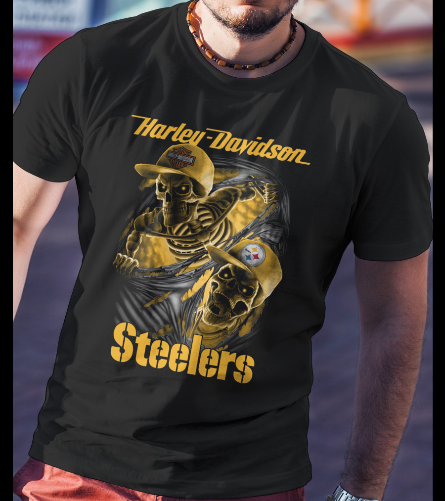 Harley Davidson Steelers Skeletons With Pittsburgh Steelers And Harley T-Shirt