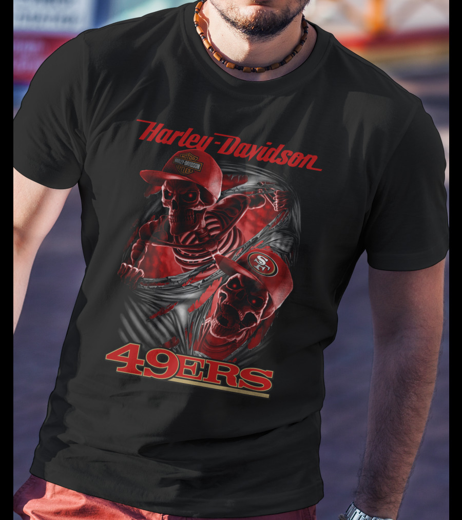 Harley Davidson 49ers Skeletons With San Francisco 49ers Caps T-Shirt
