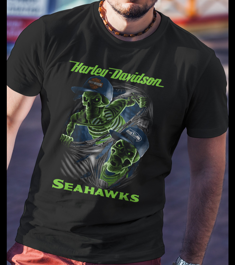 Harley Davidson Seahawks Skeletons In Caps T-Shirt