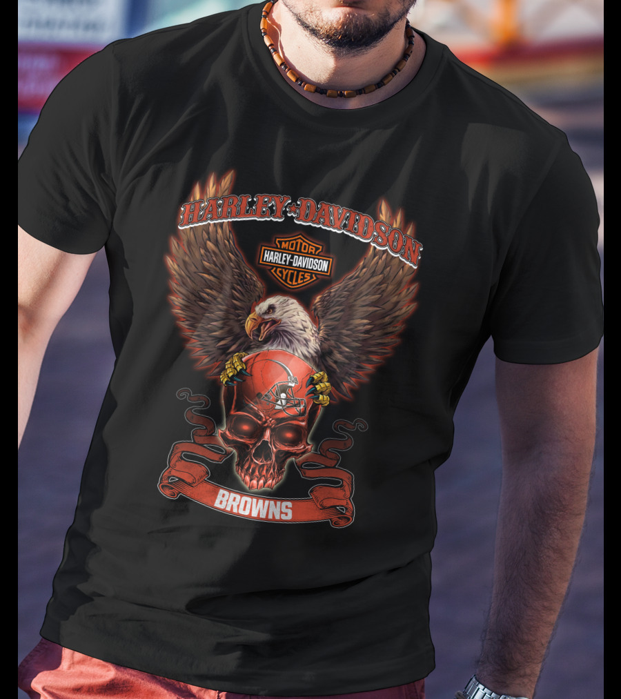 Harley Davidson Motor Cycles Browns Eagle Skull T-Shirt