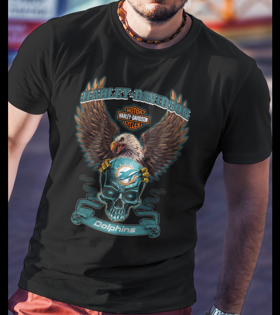 Harley Davidson Miami Dolphins Skull And Eagle T-Shirt